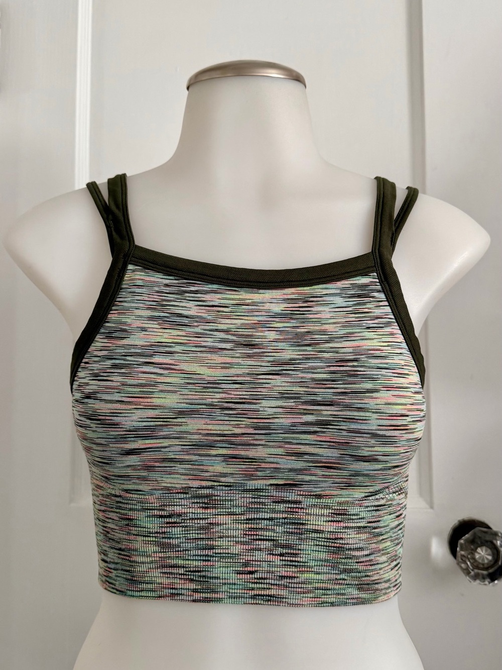 Zella Multicolor Crop Bra Tank with Olive Trim